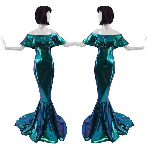 Scarab Ruffled Off Shoulder Gown with wiggle cut and puddle train hemline