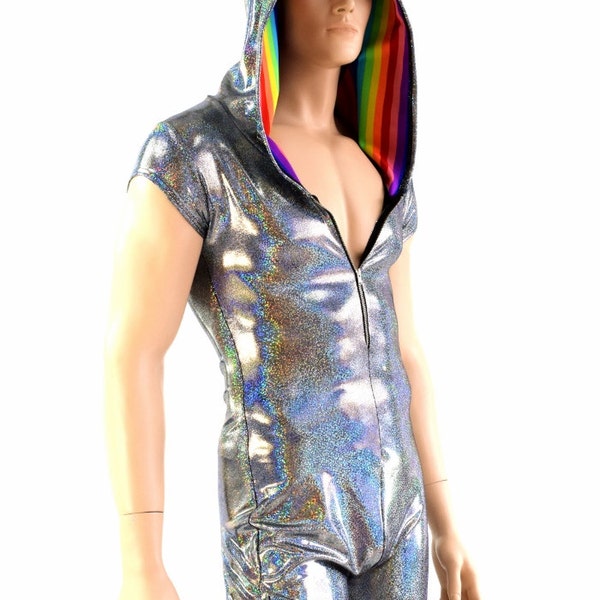 Mens Zipper Front Silver Holographic Cap Sleeve Hoodie Dragon Romper with Rainbow Stripe Hood Liner and Spikes - 154130