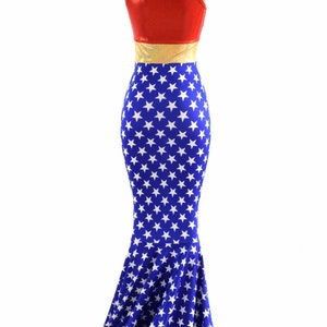 Sleeveless Super Hero Puddle Train Gown with V Neckline Red, Gold Blue & White Stars 152858 image 5