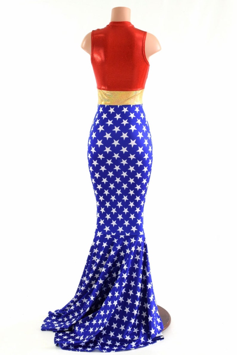 Sleeveless Super Hero Puddle Train Gown with V Neckline Red, Gold Blue & White Stars 152858 image 5