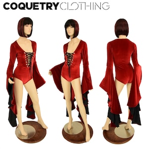 Red Velvet &quot;Siren&quot; cut Romper with Black Mesh lined Sorceress Sleeves and Lace Up at Neck with Smooth and Sleek Black Spandex ties 156301
