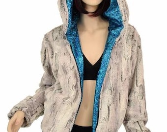 Zipper Front Sterling Minky Faux Fur Short Jacket with Turquoise Shattered Glass Holographic lining