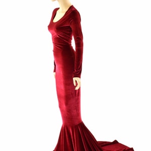 Red Velvet Gown With Scoop Neckline, Long Sleeves and Puddle Train ...