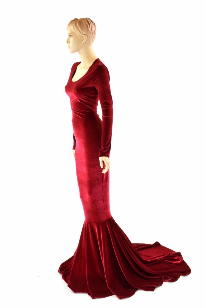 Red Velvet Gown with Scoop Neckline, Long Sleeves and Puddle Train 151547 image 3