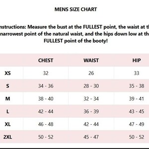 May include: A size chart for men's clothing with measurements in inches for chest, waist, and hip. The sizes listed are XS, S, M, L, XL, and 2XL.
