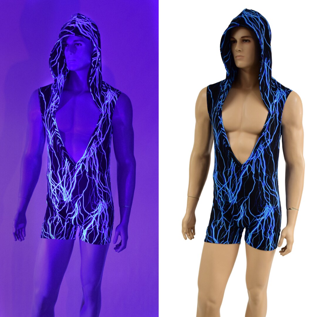 Mens Neon Blue Lightning Romper With Deep Bro V and Self Lined Hood . 4 ...