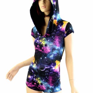 UV Glow Galaxy Cap Sleeve Hoodie Romper w/Black Zen Hood Liner and Boy Cut Leg 154475 image 2