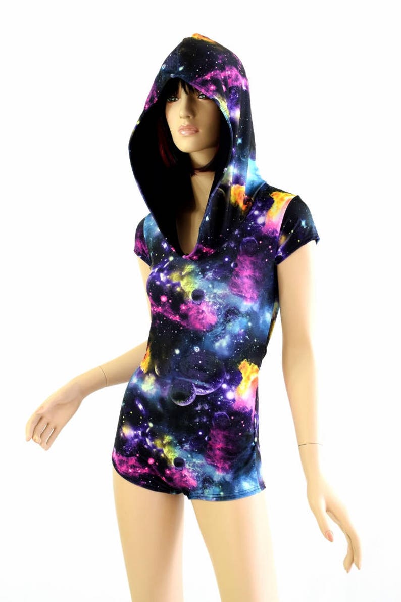 UV Glow Galaxy Cap Sleeve Hoodie Romper w/Black Zen Hood Liner and Boy Cut Leg 154475 image 2