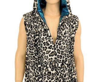 Mens Zipper Front Hooded Reversible Vest in Minky Snow