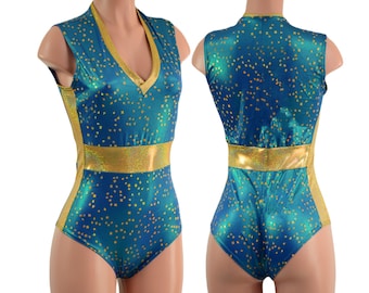 Stardust Sleeveless Romper with Siren cut leg / V Neck, side panels, waist panels in Gold Sparkly Jewel