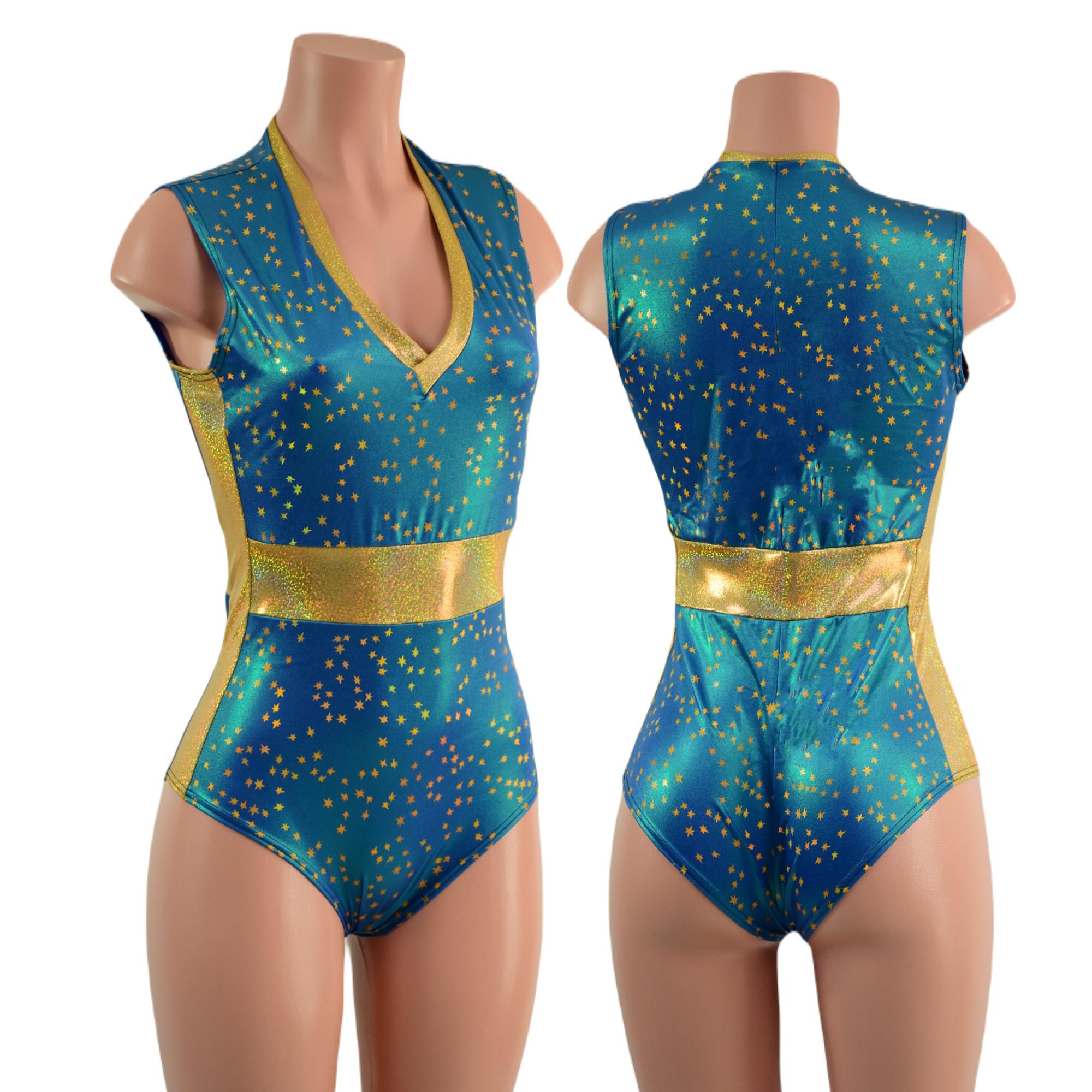 Stardust Sleeveless Romper with Siren cut leg / V Neck, side panels, waist panels in Gold Sparkly Jewel