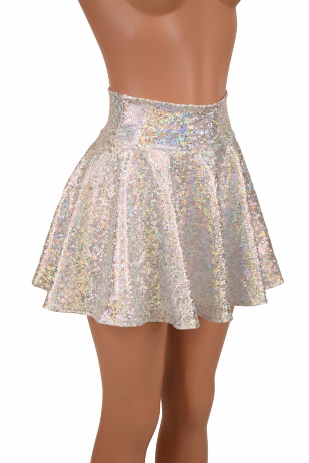 Silver on White Shattered Glass Holographic Circle Cut Mini Skirt ...