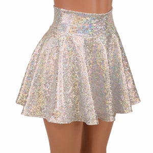 Silver on White Shattered Glass Holographic Circle Cut Mini Skirt  154187