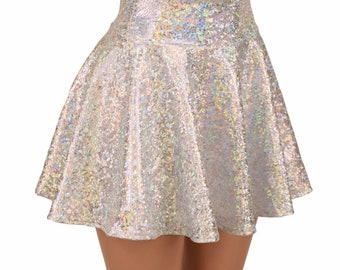 Silver on White Shattered Glass Holographic Circle Cut Mini Skirt  154187