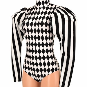 Black and White Diamond Print High Turtle Neck Back Zipper Siren Cut Romper with Black and White Stripe Puffed Victoria Sleeves 155271 image 4