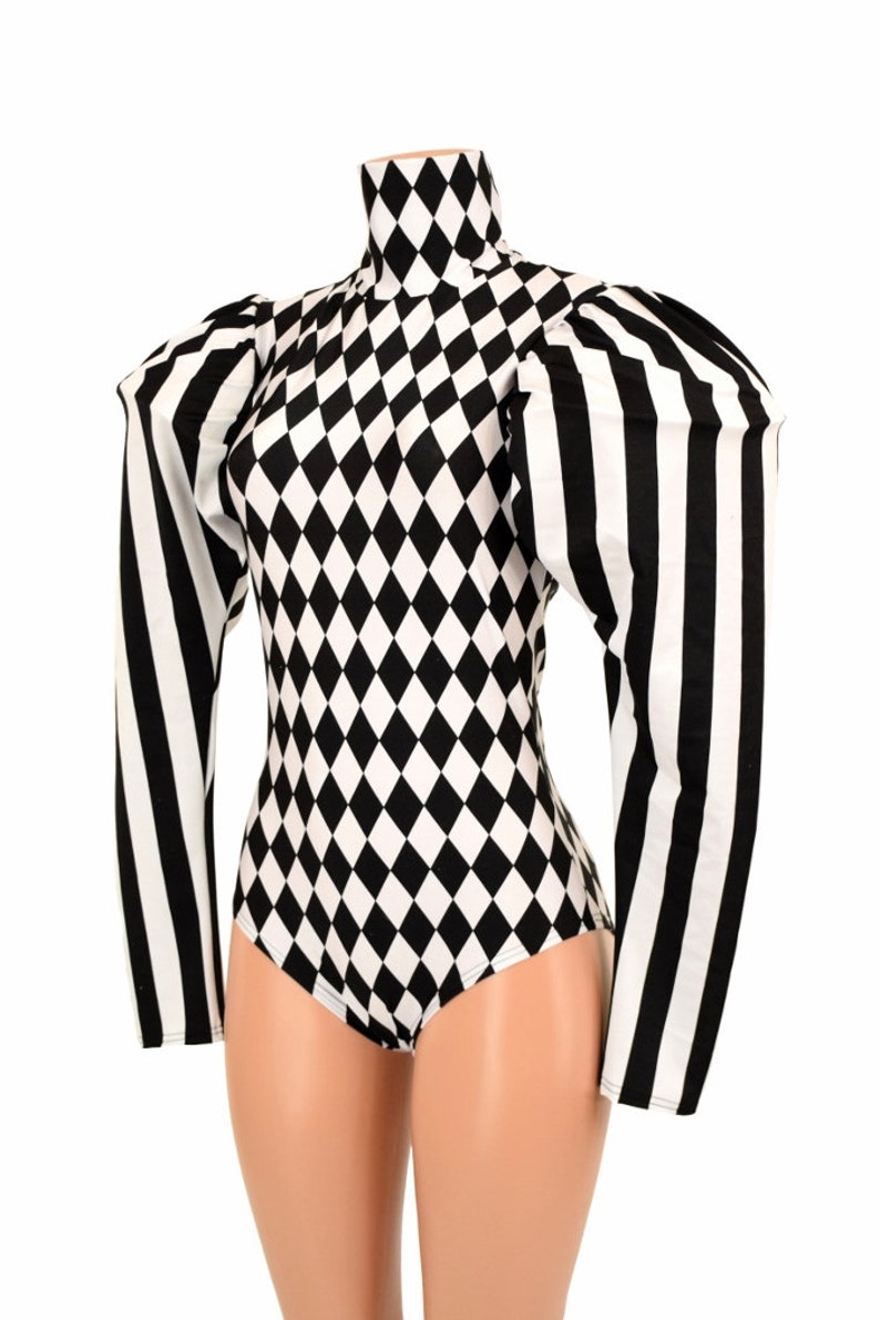 Black and White Diamond Print High Turtle Neck Back Zipper Siren Cut Romper with Black and White Stripe Puffed Victoria Sleeves 155271 image 4