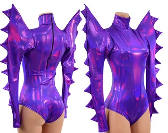 Grape Holographic Romper with Turtleneck, Back Zipper, Mega Sharp Shoulder Long Sleeves with Spikes on Sleeves, SIREN Cut Leg157837