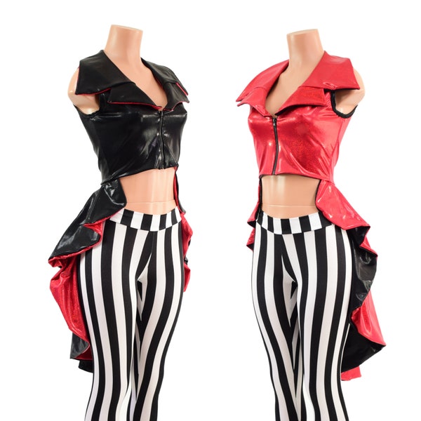 Sleeveless REVERSIBLE Crop Jacket with Tuxedo Tails and Showtime Collar. Zipper Front in Black Mystique and Red Sparkly Jewel