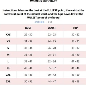 May include: A women's size chart in inches and centimeters. The chart shows the bust, waist, and hip measurements for sizes XXS to 3XL.