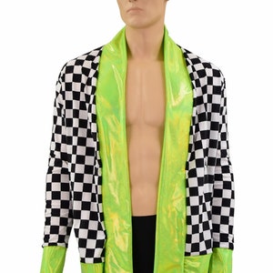 Men's Black & White Checkered Not a Cardigan with Pockets and Lime Holographic Trim and Cuffs 156885 image 1