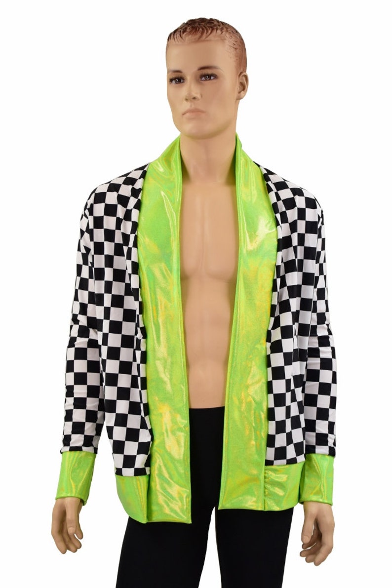 Men's Black & White Checkered Not a Cardigan with Pockets and Lime Holographic Trim and Cuffs 156885 image 1