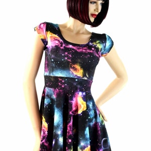 UV Glow Galaxy Print Cap Sleeve Fit and Flare Skater Skate Dress E7846 image 5
