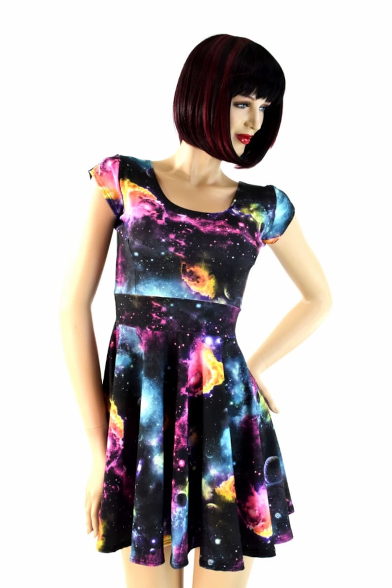 UV Glow Galaxy Print Cap Sleeve Fit and Flare Skater Skate Dress E7846 image 5