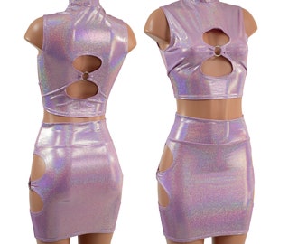 2PC Lilac Holographic Turtleneck, Sleeveless Crop Top with Front and Back O-ring Cutouts and Bodycon Skirt with O-ring Cutout Hips
