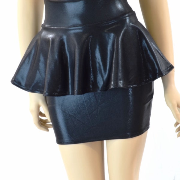 Black Mystique Metallic Bodycon Peplum Mini Skirt  -151734