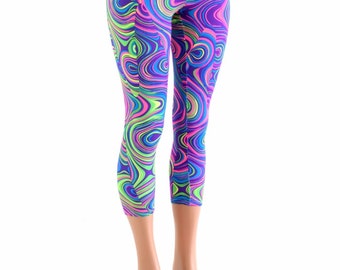 Neon UV Glow Worm Print High Waist Capri Length Leggings  -
