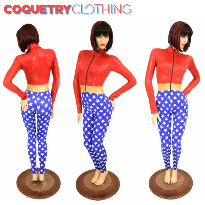 156285 Wonder Woman Inspired Turtle Neck Front Zipper Long Sleeve Catsuit in Blue /& White Star Gold SJ Waistband Red Top