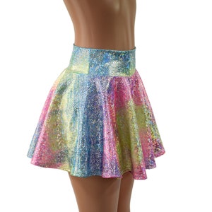 Rainbow Shattered Glass Holographic Circle Cut Rave Skirt  -15810461