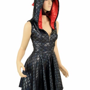Black Dragon Scale Sleeveless Zipper Hoodie Skater Dress with Dragon Tail Hemline, Red Sparkly Jewel Spikes & Hood Liner - 155486