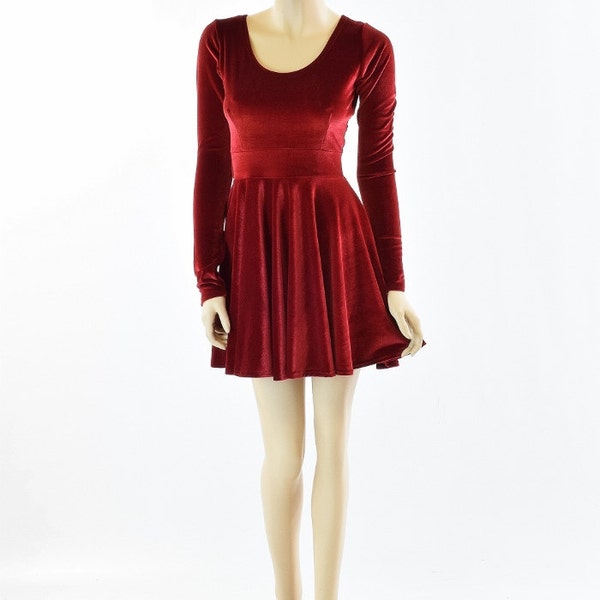 Red Velvet Long Sleeve Fit and Flare Skater Dress 151866