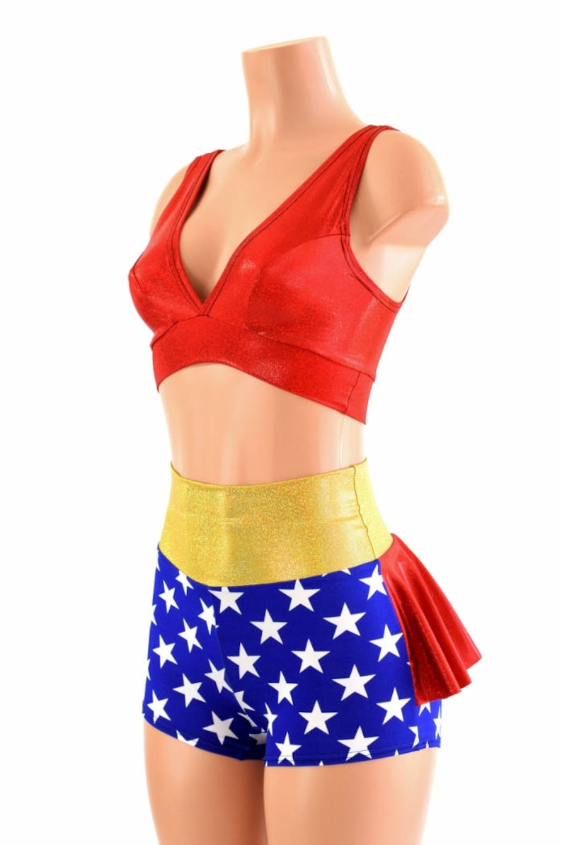 Red Sparkly Jewel Starlette Bralette & Blue/White Star High Waist Ruffle Rump Shorts w/Gold SJ Waistband and Red SJ Ruffle 2PC Set 154542 image 1