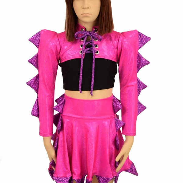 Kids Pink Sparky Jewel "Spiky Monster" Lace Up Bolero, Top, & Skirt Set w/Purple Fish Scale Spikes and Ties Sizes 2T 3T 4T and 5-12 EMK351