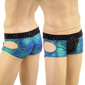 May include: Blue and green underwear with a gold star pattern and a black waistband. The underwear has a cutout on the back.