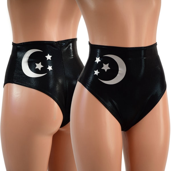 Black Mystique High Waist Siren Shorts with Brazilian Cut Leg and Silver Vinyl moon/stars on Back left and Front right-