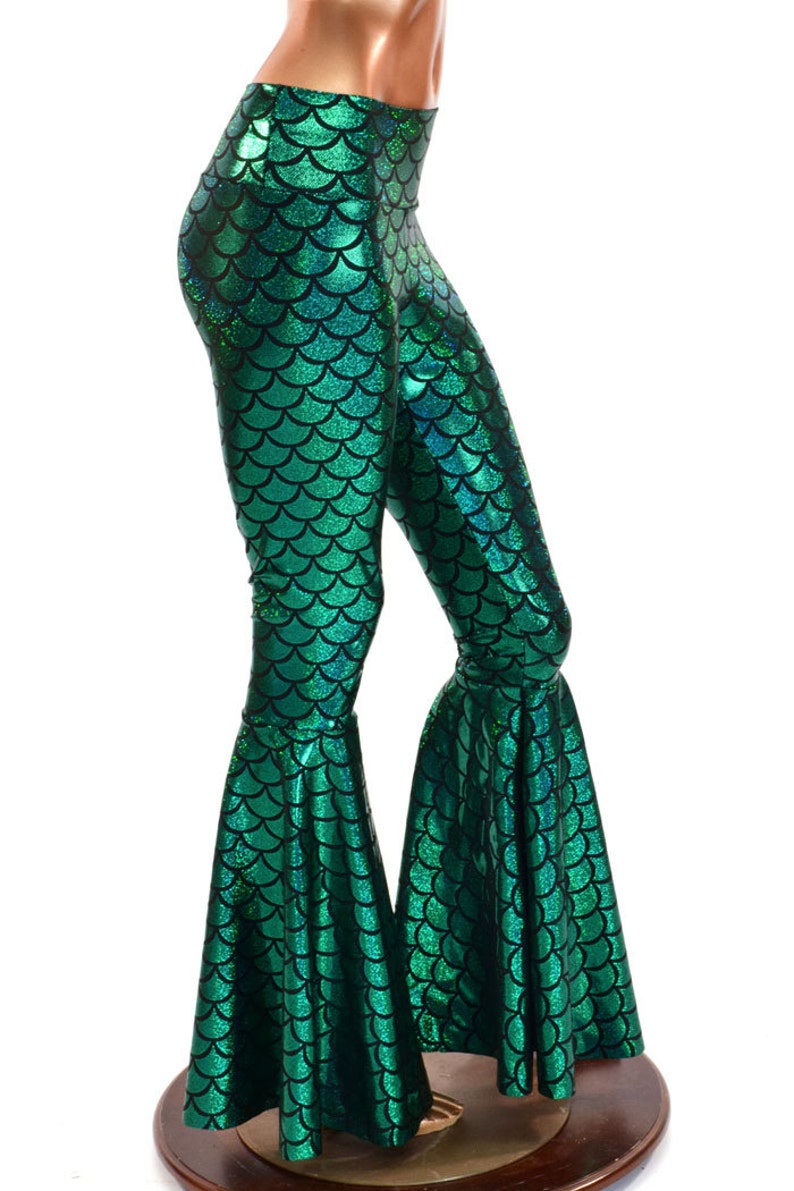 High Waist Mermaid Bell Bottom Flares in Green Dragon Scale 150305 image 2