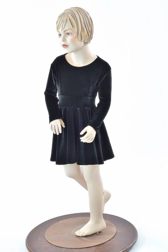 Girls Black Stretch Velvet Long Sleeve Fit and Flare Skater Dress