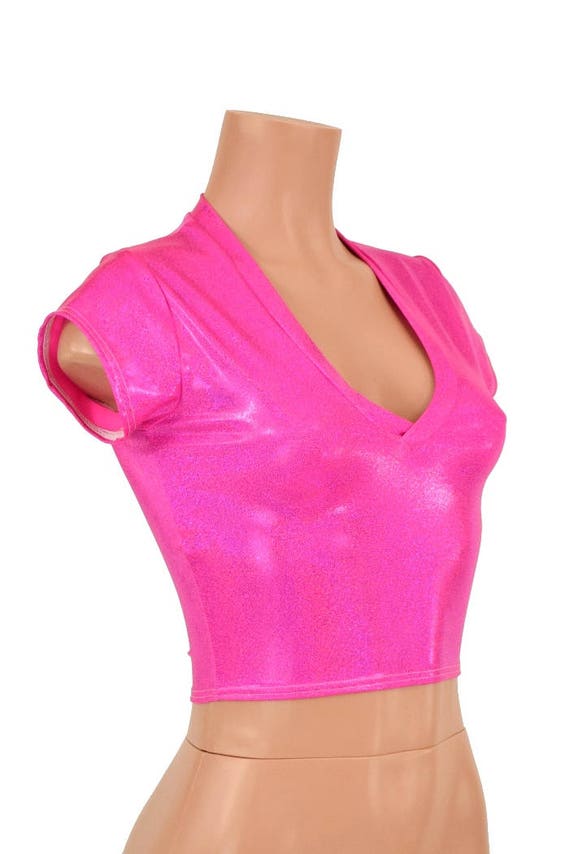 ✨希少✨ TOPCON COPAL V Neck Crop Top With Cap Sleeves in Neon Pink Holographic