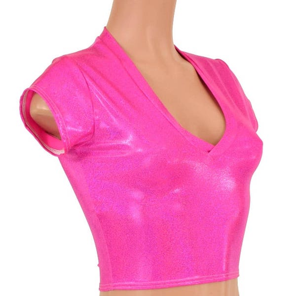 V neck crop top with cap sleeves in Neon Pink Holographic - 154948