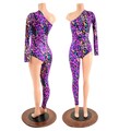Rainbow Leopard One Shoulder Catsuit with Long Left Sleeve, Long Right Leg, and Siren Cut Left Leg