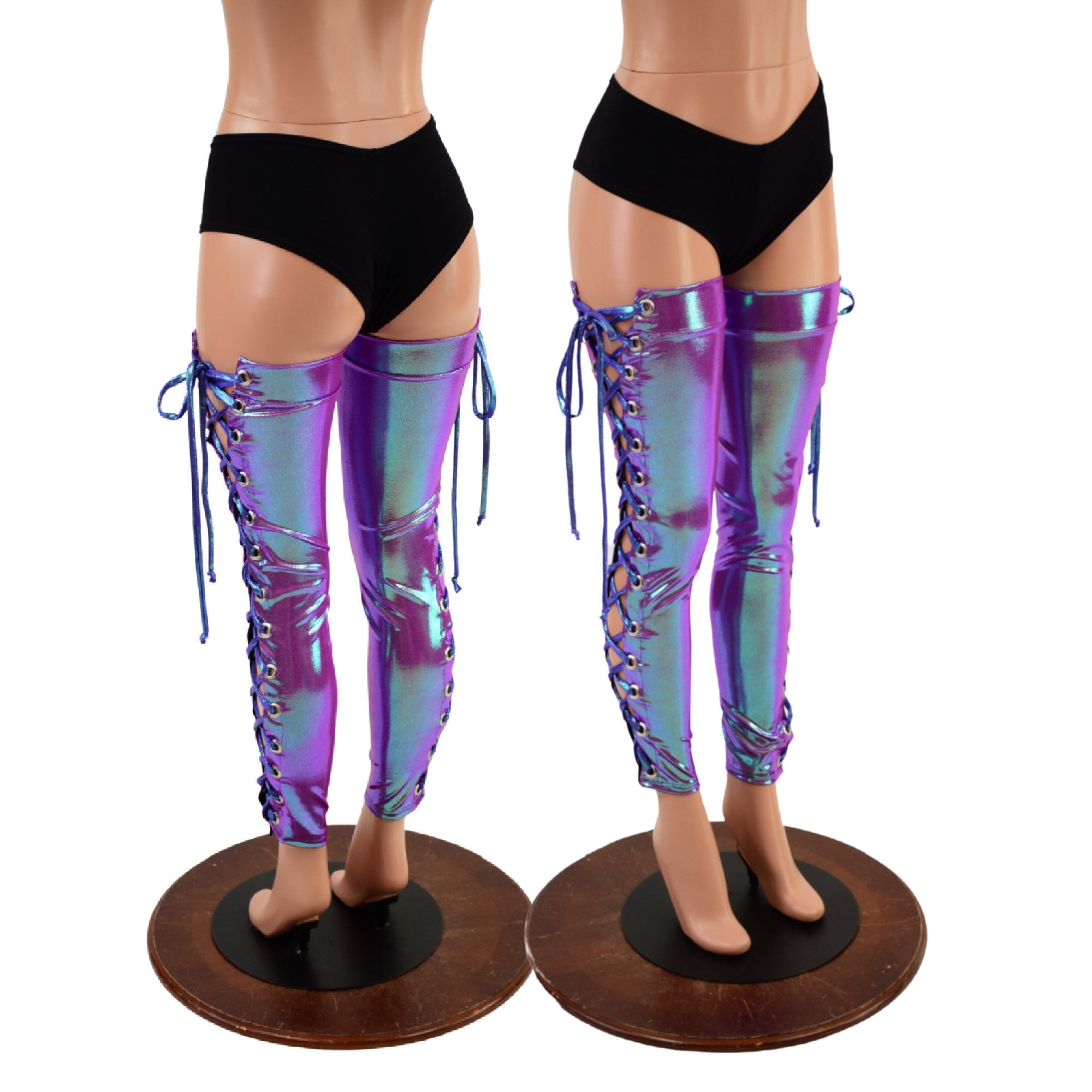 Lace up Thigh High Leg Warmers in Plumeria With Moonstone Ties