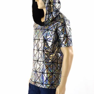 Mens Silver on Black Holographic Cracked Tiles Hoodie Shirt with Short Sleeves & Black Zen Hood Lining 152177 image 1