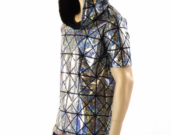 Mens Silver on Black Holographic Cracked Tiles Hoodie Shirt with Short Sleeves & Black Zen Hood Lining 152177