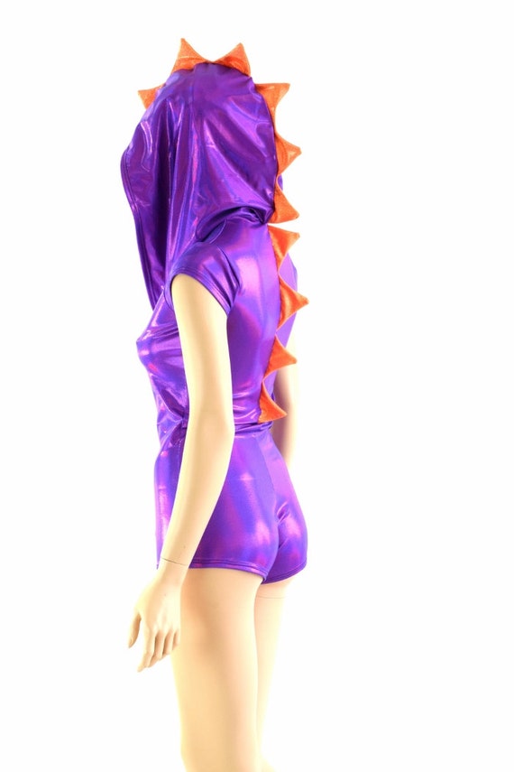 Grape Purple Holographic Dragon Hoodie Romper with Cap Sleeves and Orange Sparkly Jewel Spikes and Hood Liner -