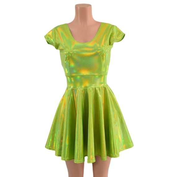Lime Green Holographic Scoop Neck Cap Sleeve Skater Dress - - Etsy
