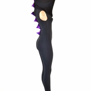 Black Soft Knit Sleeveless Hooded Catsuit with Purple Holographic Dragon Spikes & Hood Lining -151514