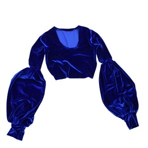 Sapphire Blue Velvet Lantern Sleeve Crop Top with Scoop Neckline -